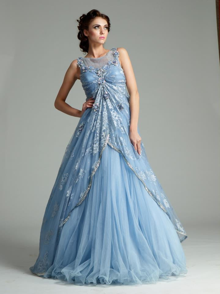 Gown : Sky Blue & Blue Colored C/N tapeta silk Zari & ...